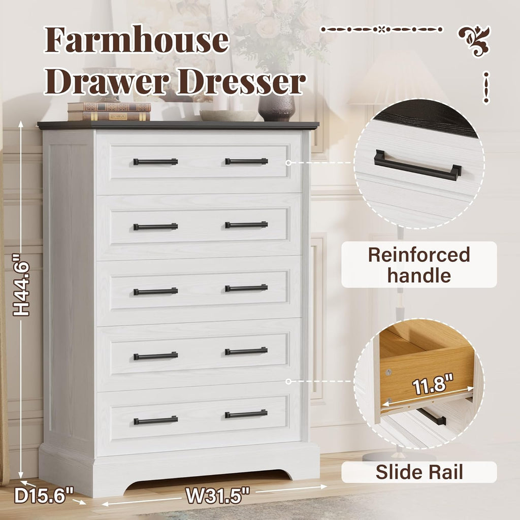 Furmax Farmhouse Dresser for Bedroom, 5 Drawers Dresser, Wood Chest of Drawers, 31.5' Wide Storage Dressers Organizer for Bedroom, Living Room (White and Black)