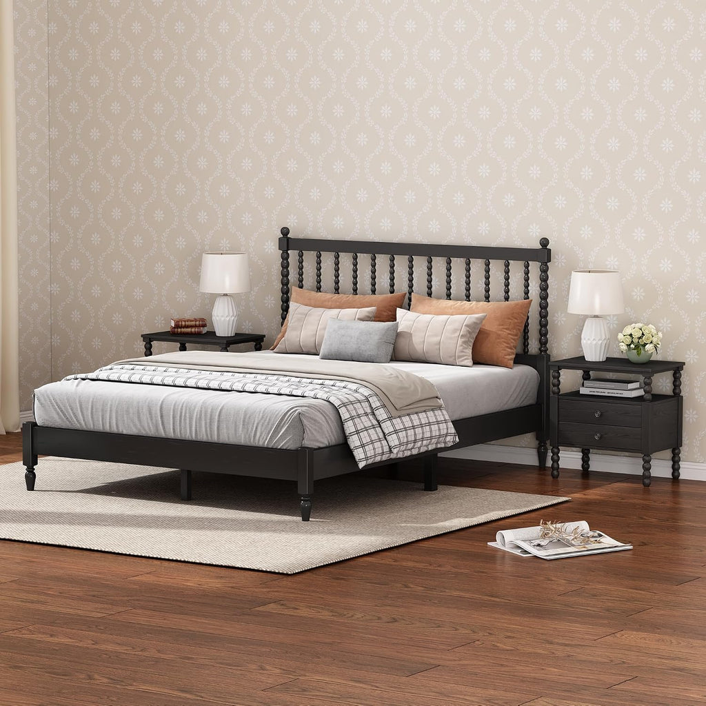 3 Pieces Bedroom Sets King Size Wood Platform Bed with Gourd Shaped Headboard with 2 Nightstands,Antique Black
