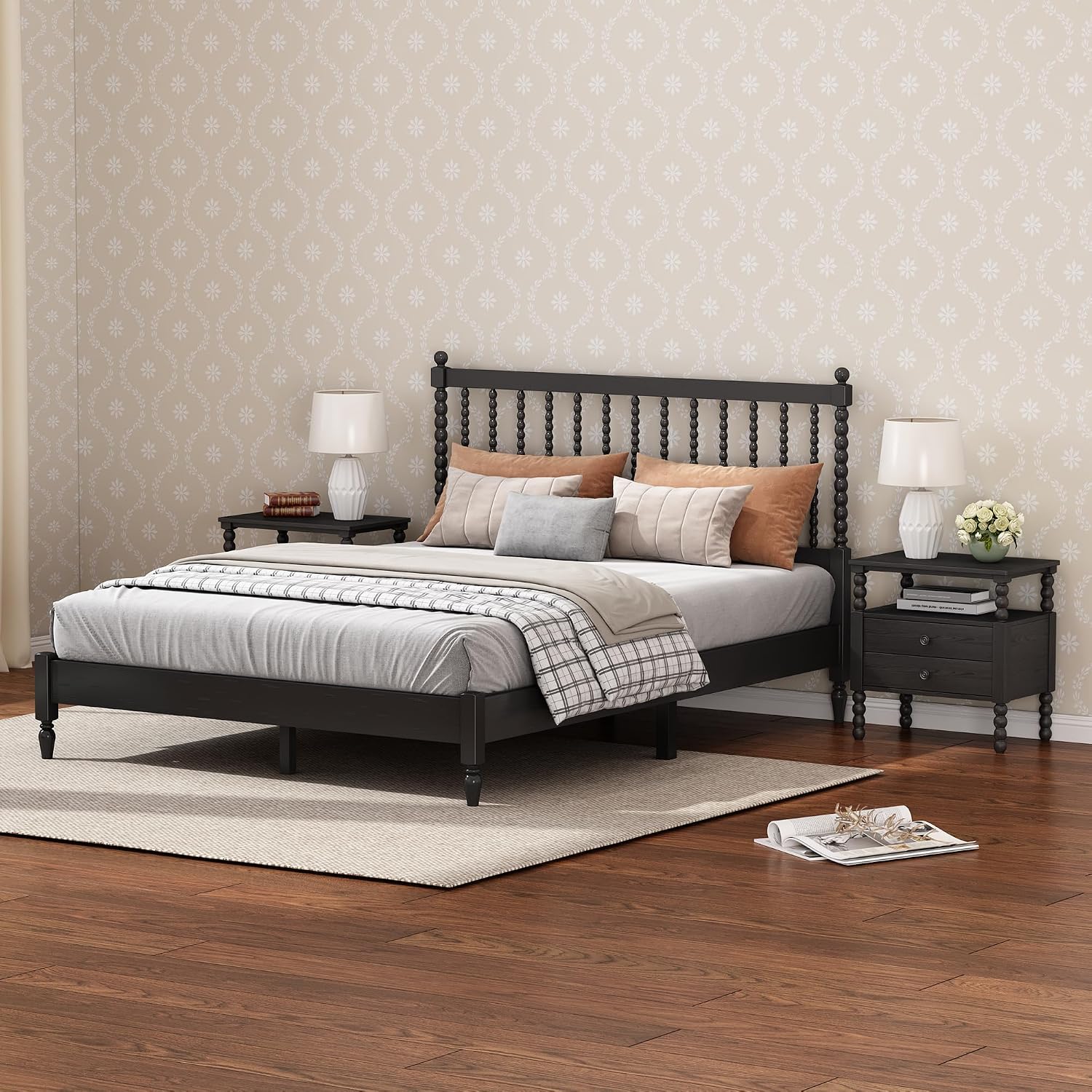 3 Pieces Bedroom Sets King Size Wood Platform Bed with Gourd Shaped Headboard with 2 Nightstands,Antique Black