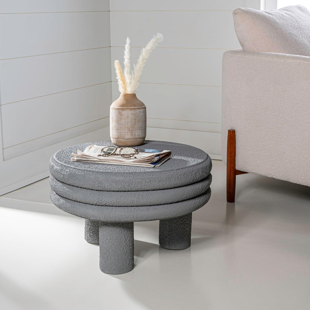 JONATHAN Y Rashida 13.5' Ribbed Polyresin Indoor Outdoor Table, Gray | Contemporary Curvy Minimalist Silhouette, Stacked Ring Motif, Tripod Pillar Base, Weather Resistant, Frosted Finish