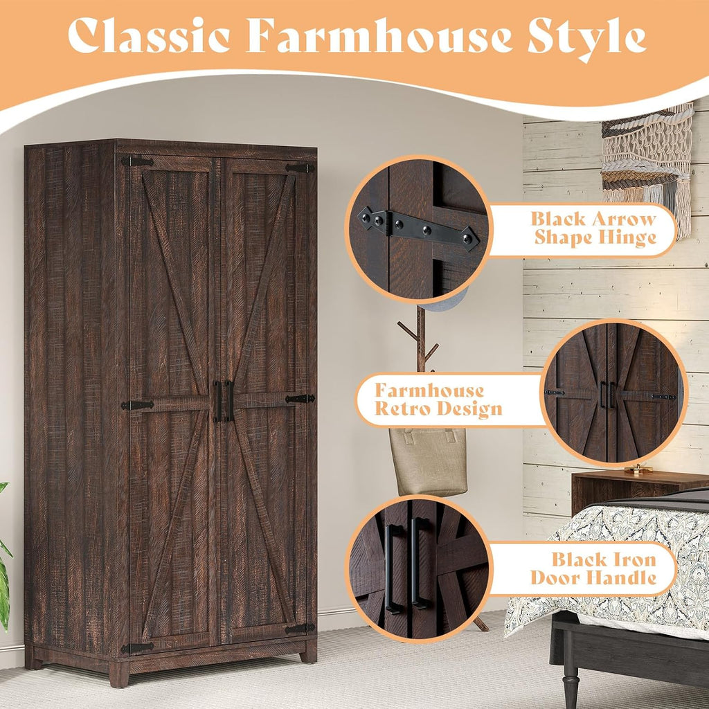 AMERLIFE Farmhouse Armoire Wardrobe Closet with 2 Barn Doors, 71'' Storage Cabinet with Hanging Rod & Shelf, Versatile Clothing Storage for Bedroom, Espresso