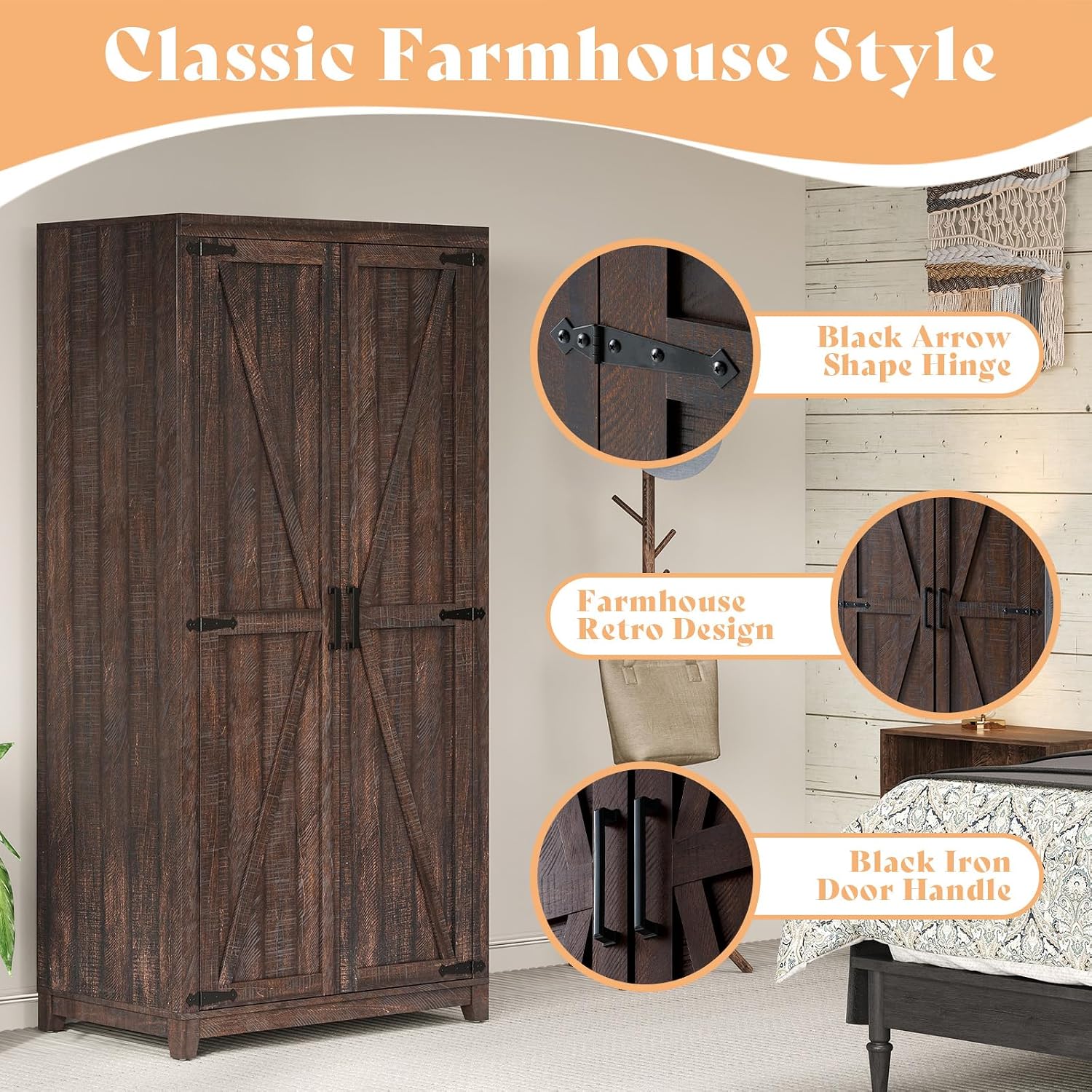 AMERLIFE Farmhouse Armoire Wardrobe Closet with 2 Barn Doors, 71'' Storage Cabinet with Hanging Rod & Shelf, Versatile Clothing Storage for Bedroom, Espresso