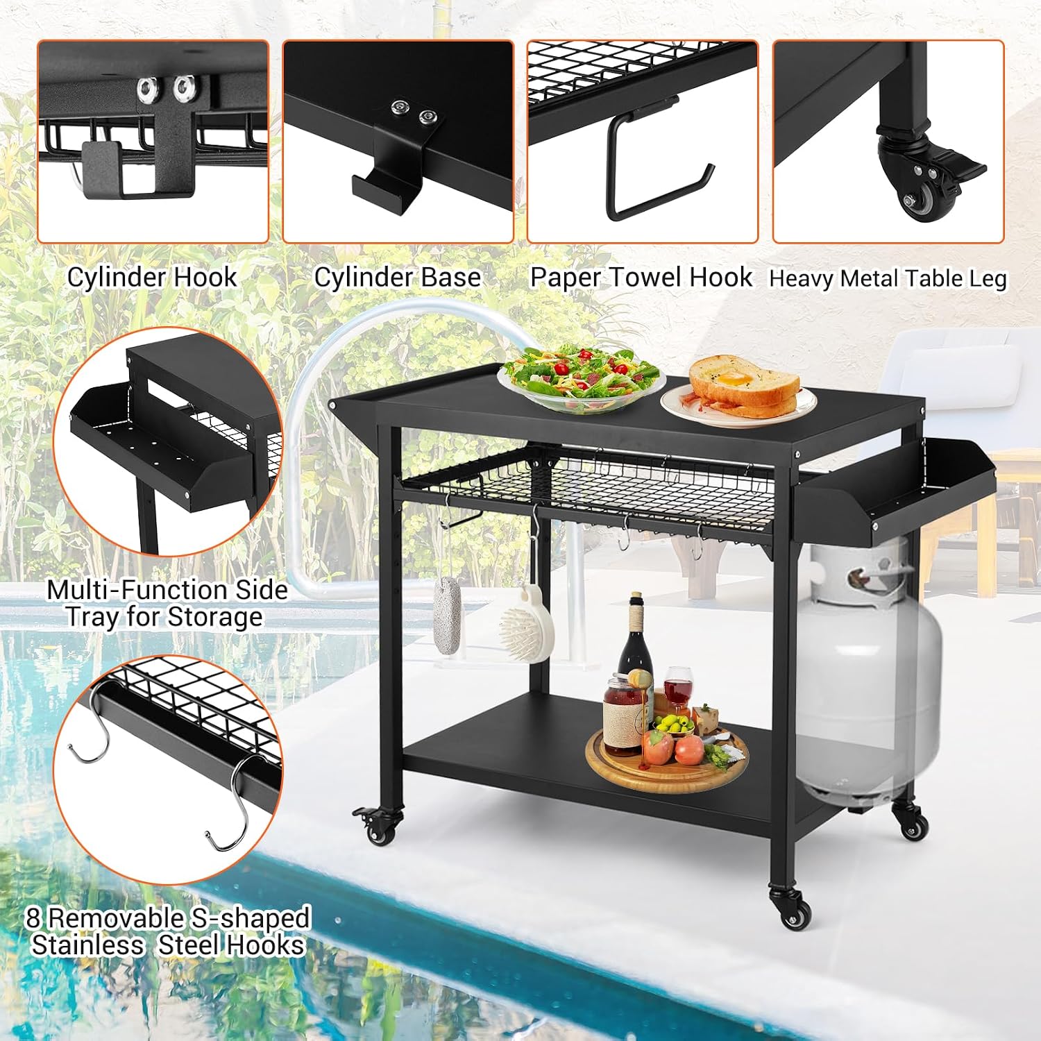 Heavy Duty Outdoor Grill Cart with Wheels - 3-Tier Rolling BBQ Prep Table & Pizza Oven Stand - Storage Shelves, Mesh Rack, Lockable Casters - Black Metal Utility Cart for Patio, Camping