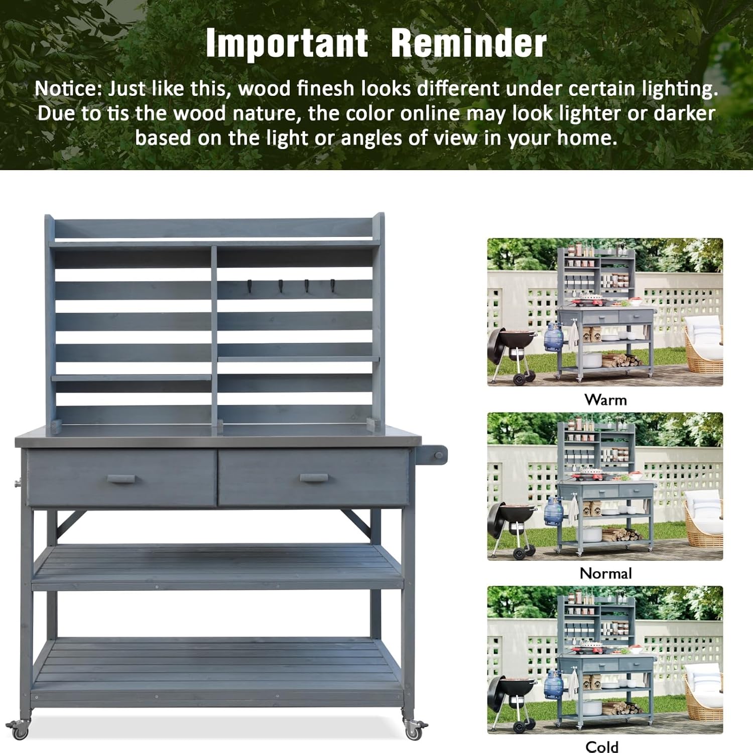 64.9' H Outdoor Potting Bench Table with Lockable Wheels, 52' W×22.2' D×64.9' H, Solid Fir Wood, Stainless Steel Top, 2 Drawers, Outdoor Storage for Grilling/Gardening, Gray+Blue