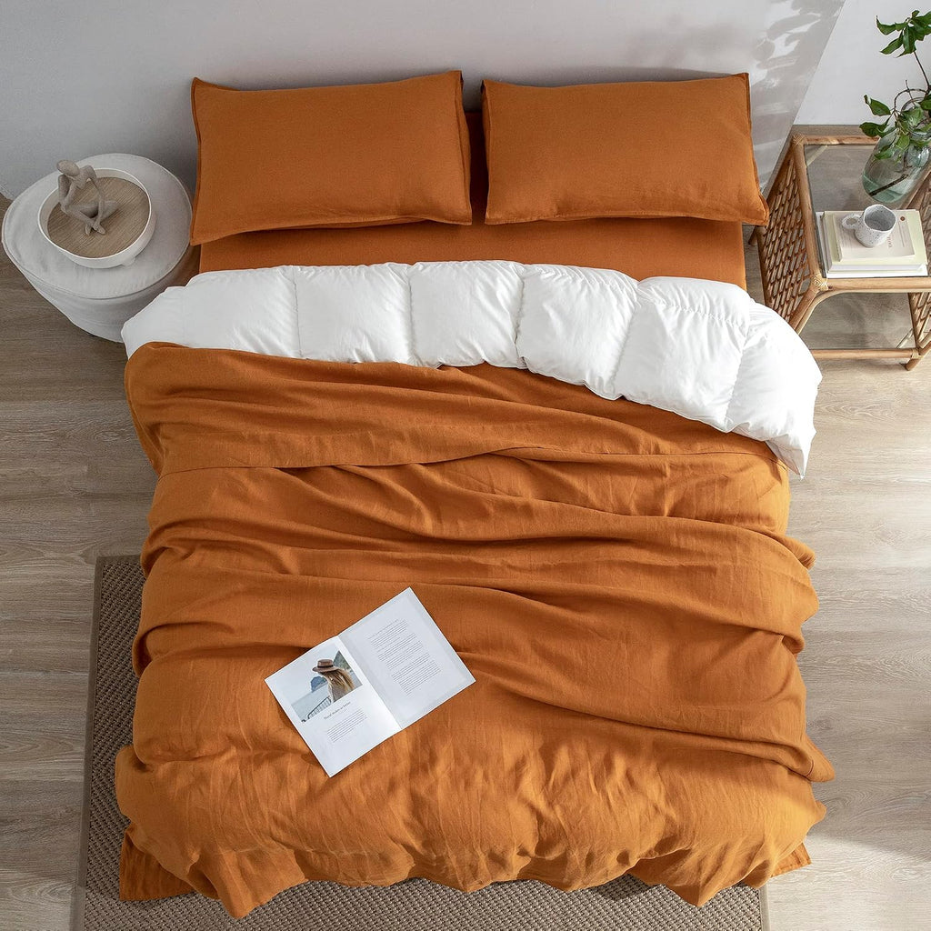 EVERLY Linen Sheets Set Full Size,100% French Stonewash Pure Linen Sheets Set,4Pieces (1Flat Sheet,1Fitted Sheet,2Pillowcase) Suitable for Hot Sleepers,16Inch Deep Pocket Natural Bedding Set-Caramel