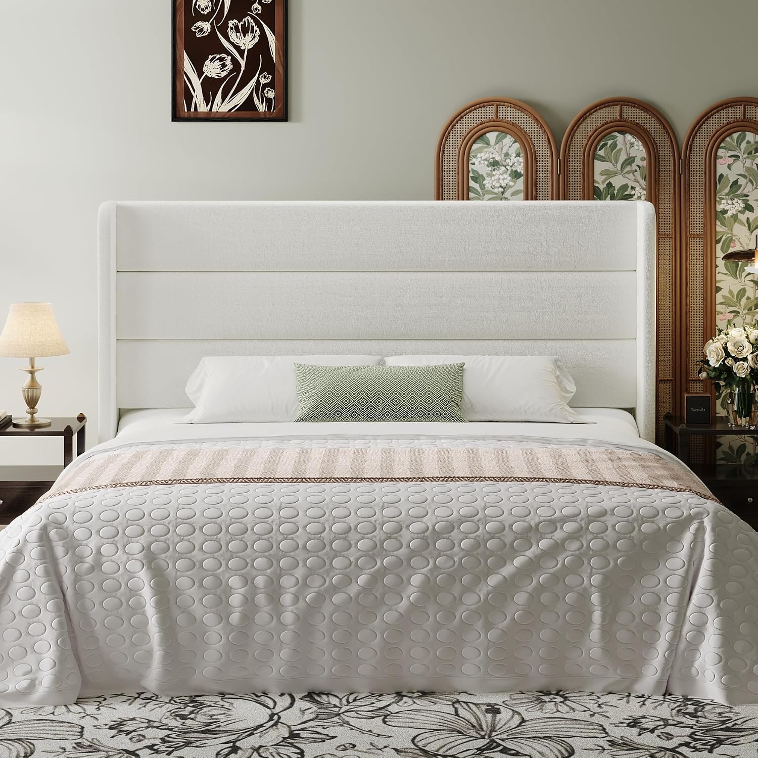 SHA CERLIN Queen Size Velvet Bed Frame with Wingback Headboard/Upholstered Platform Bed with Wooden Slats/Mattress Foundation/No Box Spring Needed/Easy Assembly/White