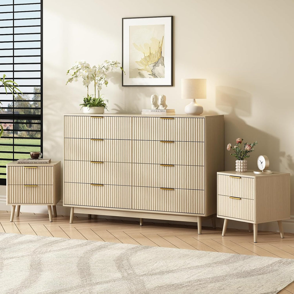 CARPETNAL Fluted Dresser and Nightstand Sets for Bedroom, 3 Pcs Bedroom Set, 8-Drawer Dresser & 2-Drawer Nightstand Set of 2, Modern Wood Chest of Drawers for Living Room, Entryway, Beige