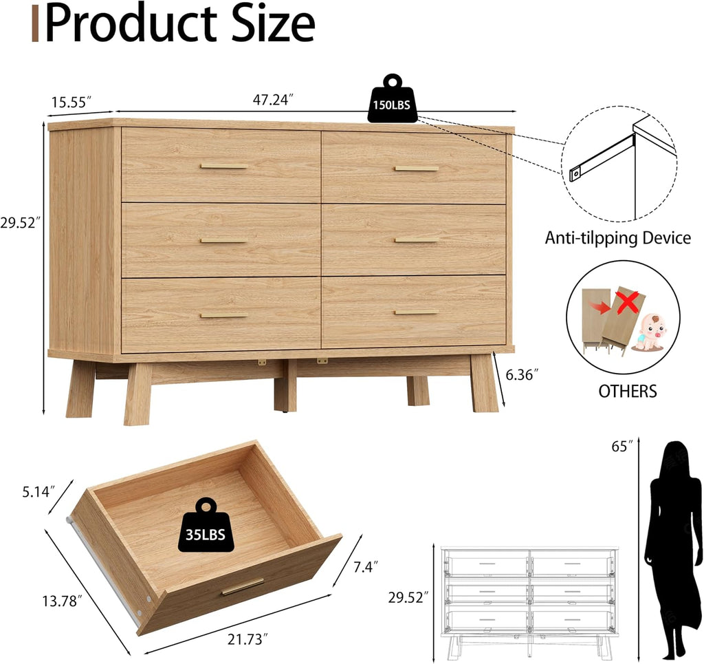 Xixini Dresser for Bedroom, 6 Drawer Wide Modern Chest of Drawers with X-Shaped Sturdy Base, Wood Double Dresser Closet Clothes Storage Organizer, Wooden TV Stand for Living Room, Hallway, Oak