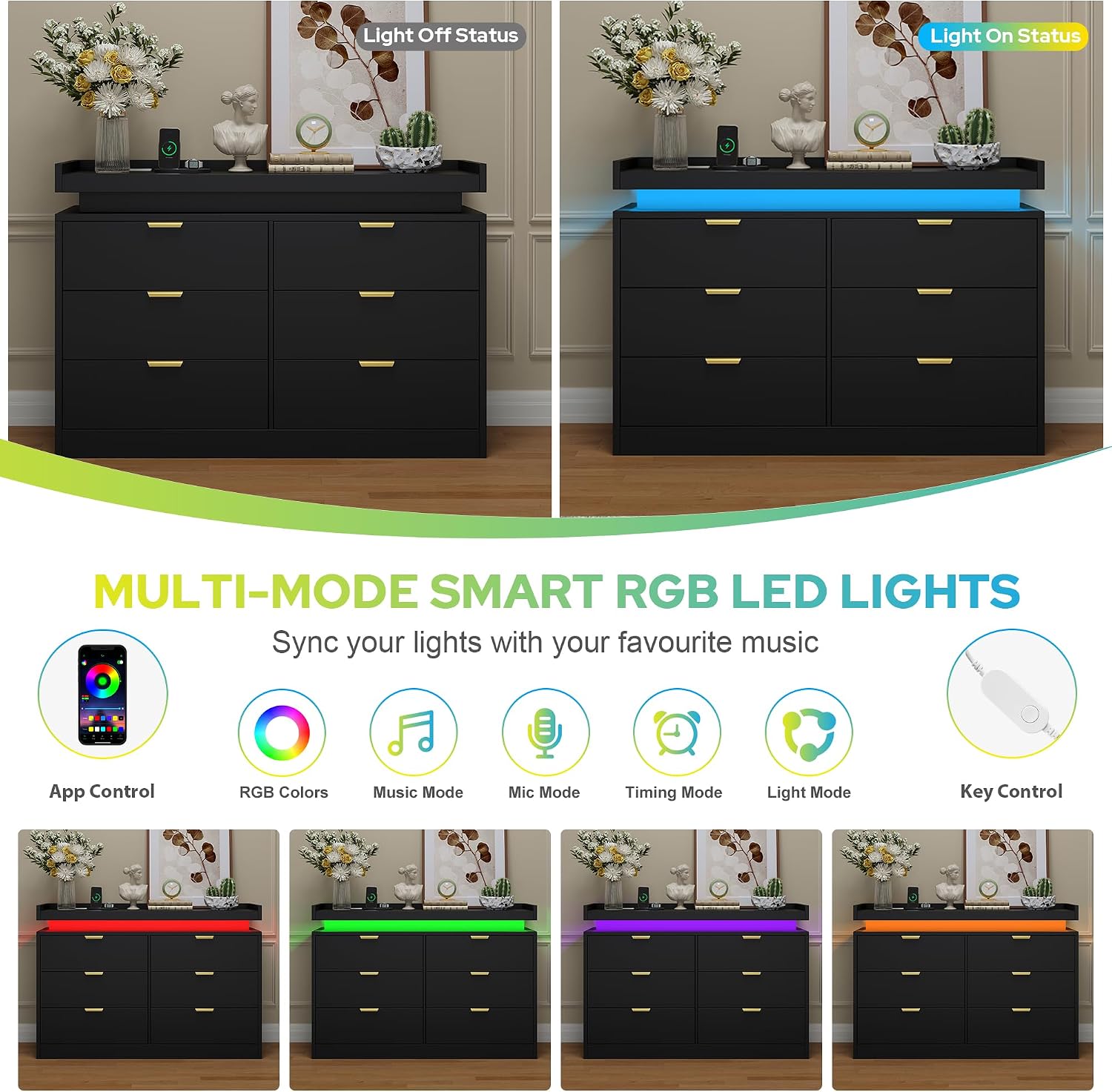 knoworld 6 Drawer Dresser for Bedroom, Black Dresser with LED Lights and Power Outlet, Large Wooden Dressers Modern Chest of Drawers, Double Wide 6 Drawer Dressers for Bedroom, Entryway, Hallway
