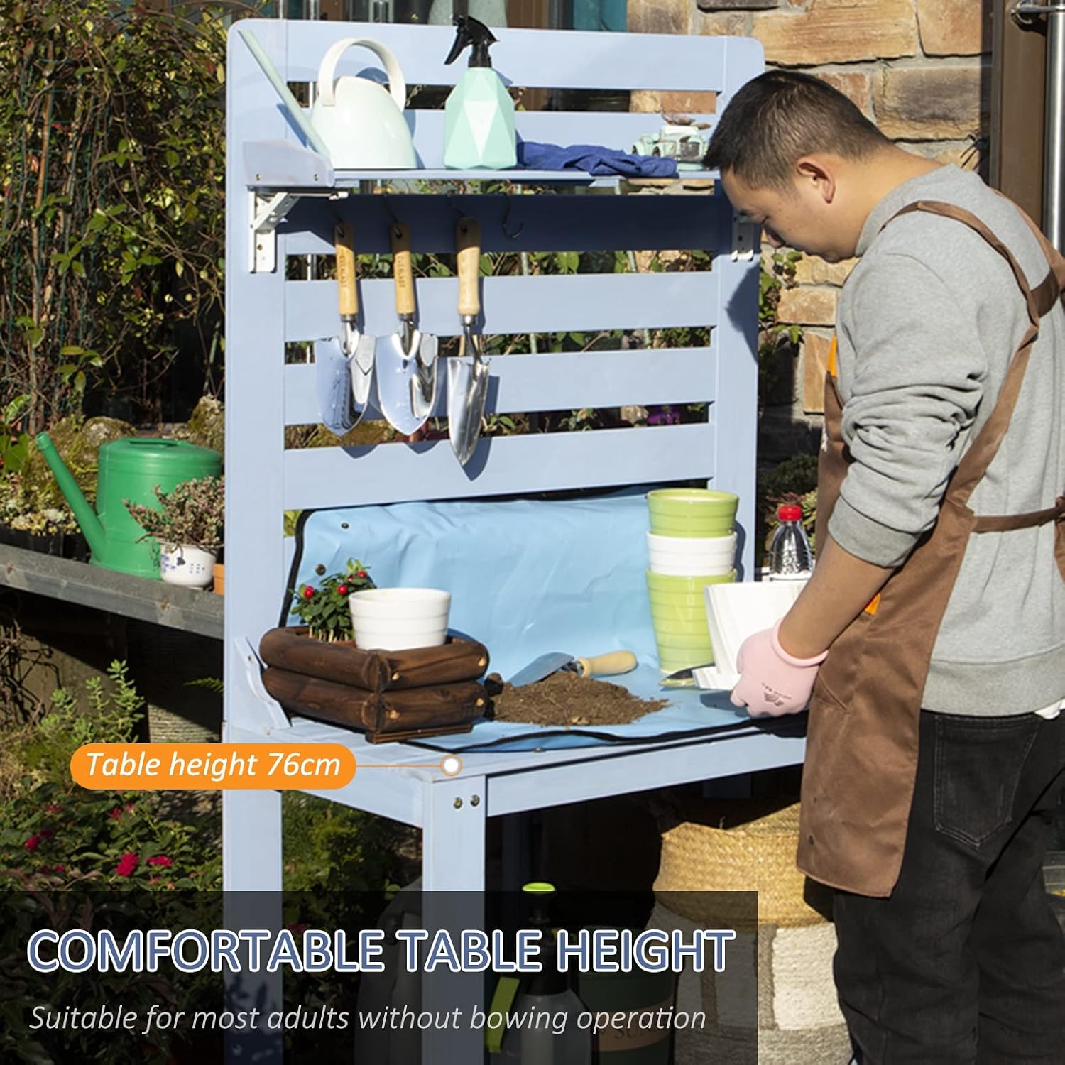 Potting Bench Garden Table for Outdoors Solid Wooden Work Station Gardening Bench Potting Table with Hooks (Color : White, Size : 90x45x165cm)