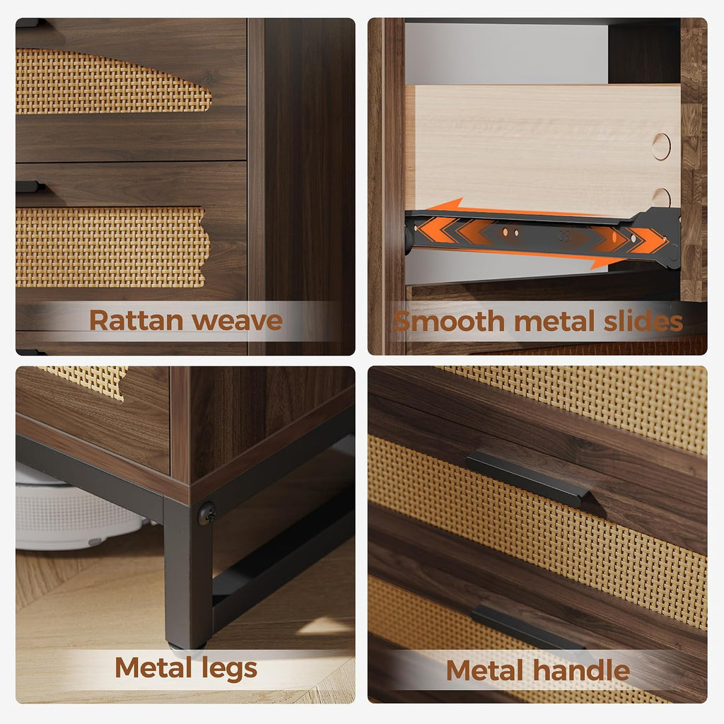 Mericonia 5 Drawer Rattan Dresser for Bedroom, Wood Tall Dresser for Closet with Metal Handles, Boho Nightstand Sets, Dressers & Chests of Drawers for Bedroom, Hallway and Entryway, Walnut