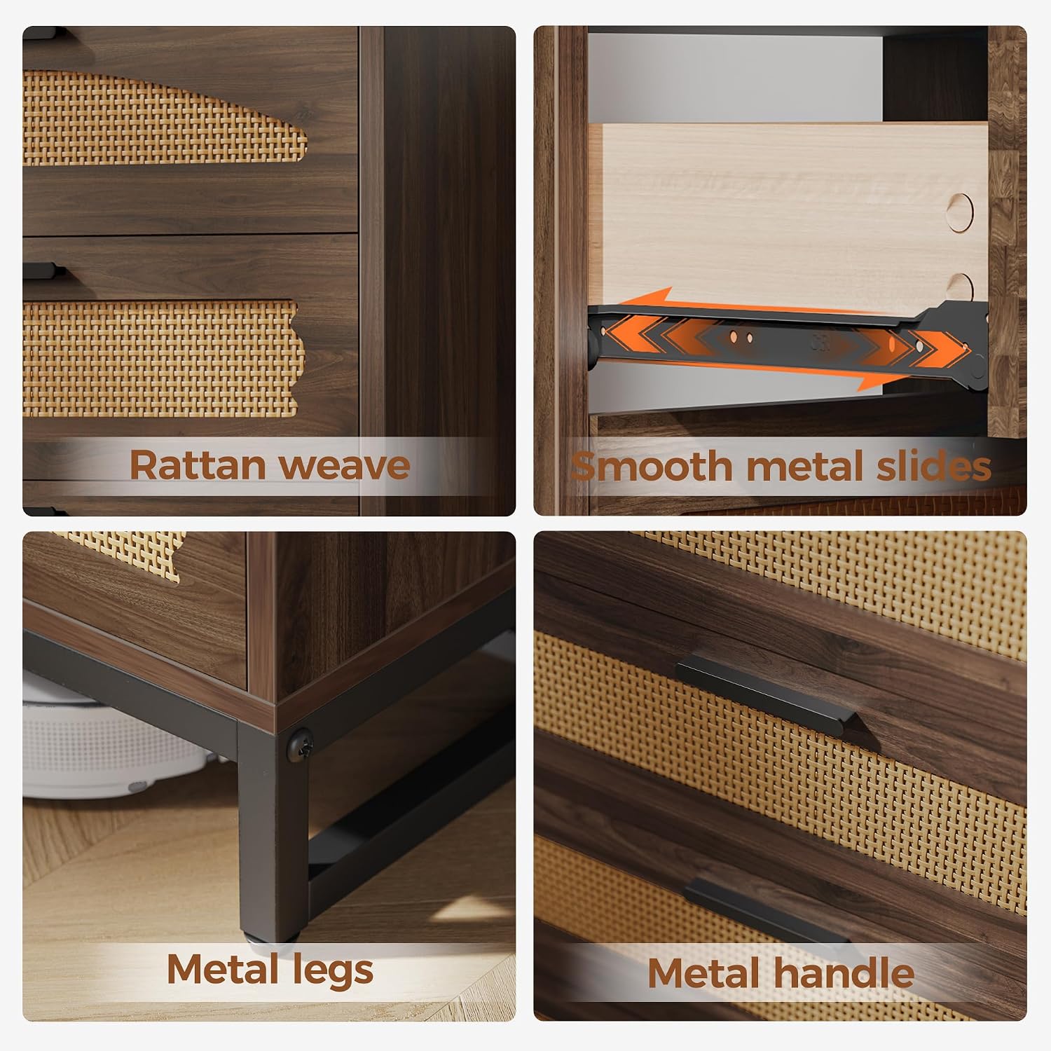 Mericonia 5 Drawer Rattan Dresser for Bedroom, Wood Tall Dresser for Closet with Metal Handles, Boho Nightstand Sets, Dressers & Chests of Drawers for Bedroom, Hallway and Entryway, Walnut