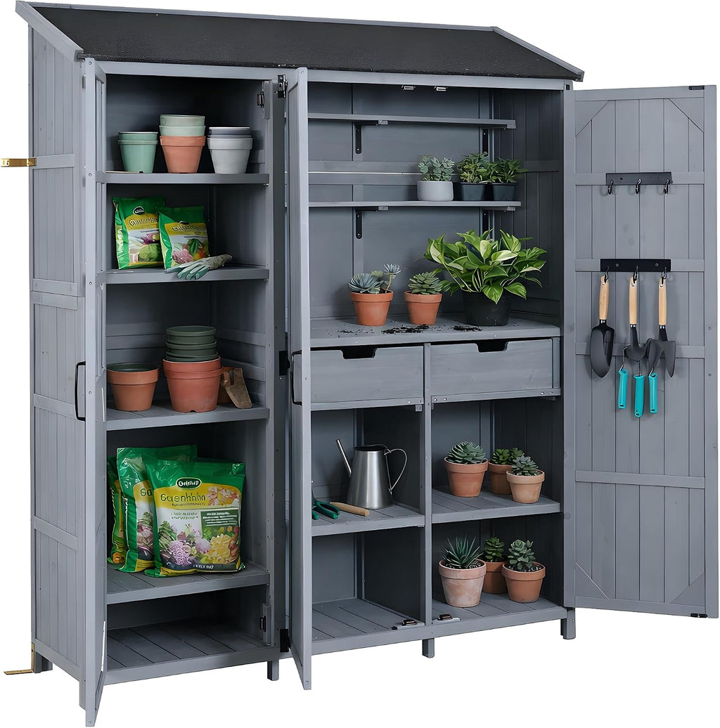 Roomfitters 71.6' Garden Potting Bench with Storage Cabinet, Waterproof Roof Outdoor Potting Table, Shelves, Drawers, Gray