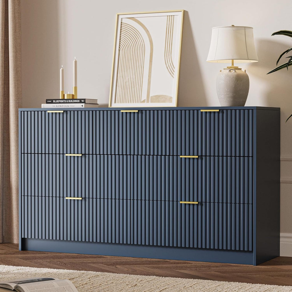 MAISONARIA Navy 7 Drawer Dresser for Bedroom, 55.9' Wide Modern Fluted Dresser with Gold Metal Handles, Large Chest of Drawers for Bedroom, Living Room, Entryway, Hallway