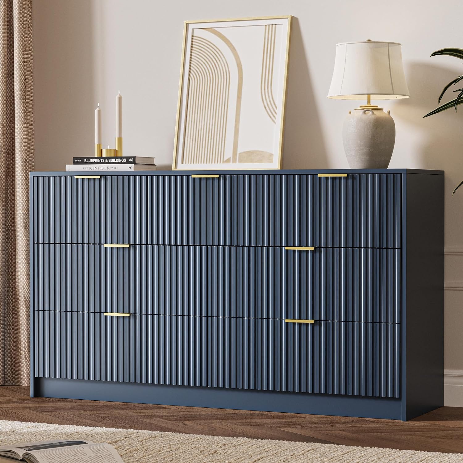 MAISONARIA Navy 7 Drawer Dresser for Bedroom, 55.9' Wide Modern Fluted Dresser with Gold Metal Handles, Large Chest of Drawers for Bedroom, Living Room, Entryway, Hallway