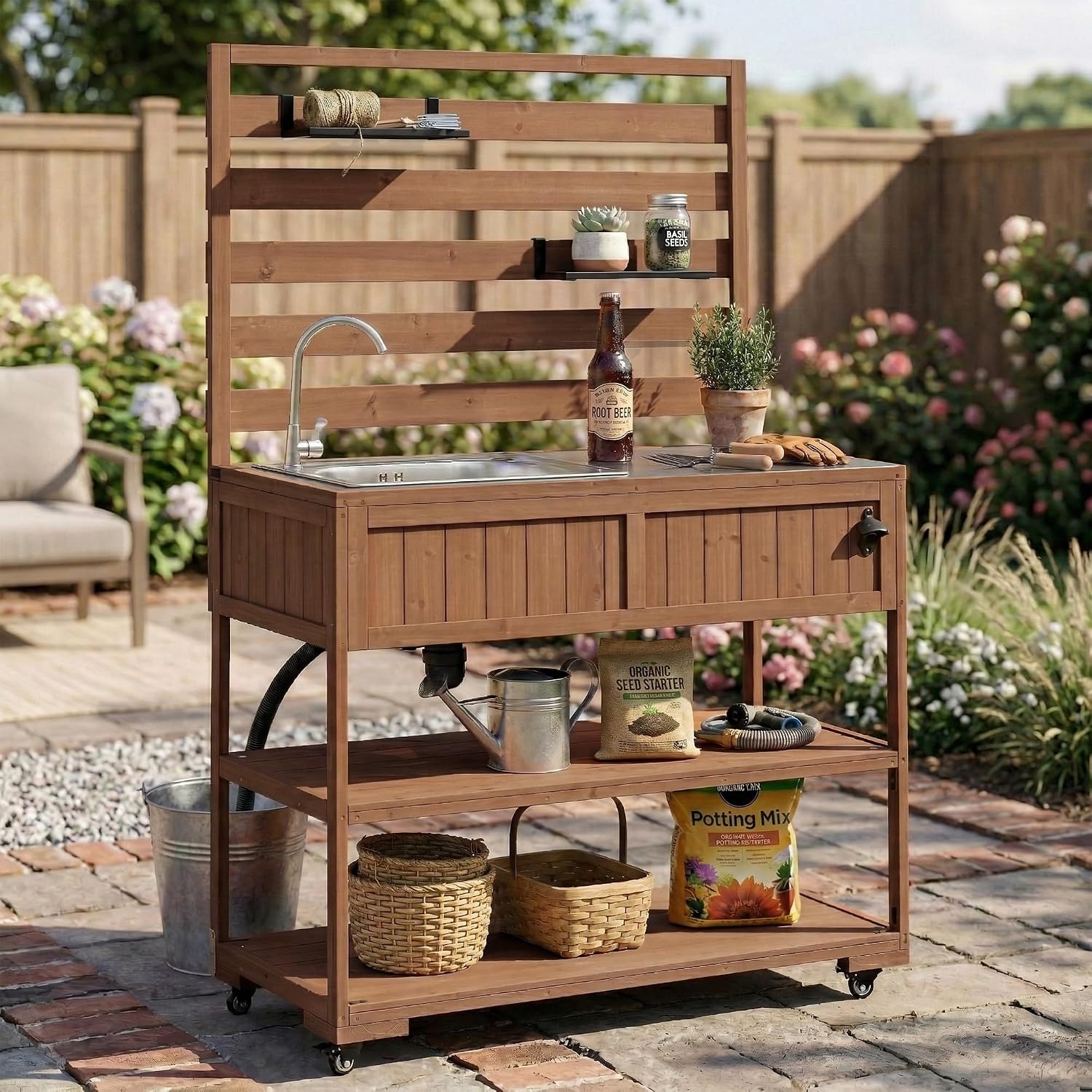 41.7'' Large Patio Rolling Kitchen Island,Solid Wood Kitchen Cart with Sink,Garden Potting Bench with Stainless Table Top,2 Movable Shelves and 1 Bottle Opener (Brown-RK)