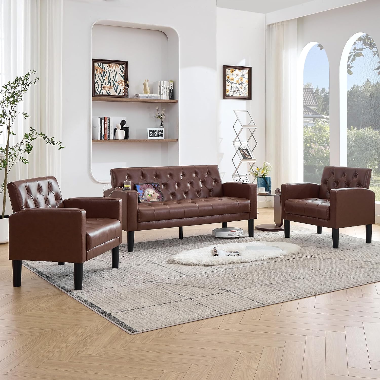 TYBOATLE 62' W Leather Loveseat w/Chairs, 3 Piece Sofa Sets for Living Room w/ 2 USB Charger Ports and 2 Cupholders, Living Room Furniture Sets of 3 (3, Brown)