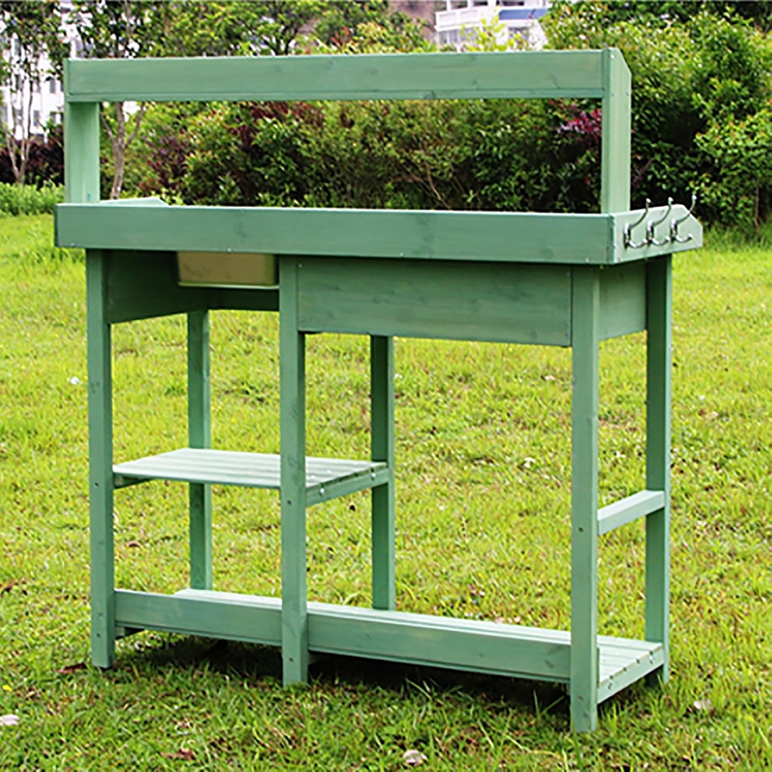Garden Potting Bench Table, Wooden Workstation Table with Removable Stainless Steel Sink, Open Shelves, All-Weather Garden Table Work Station with Storage Drawers and Side Hooks(Color:Blue)