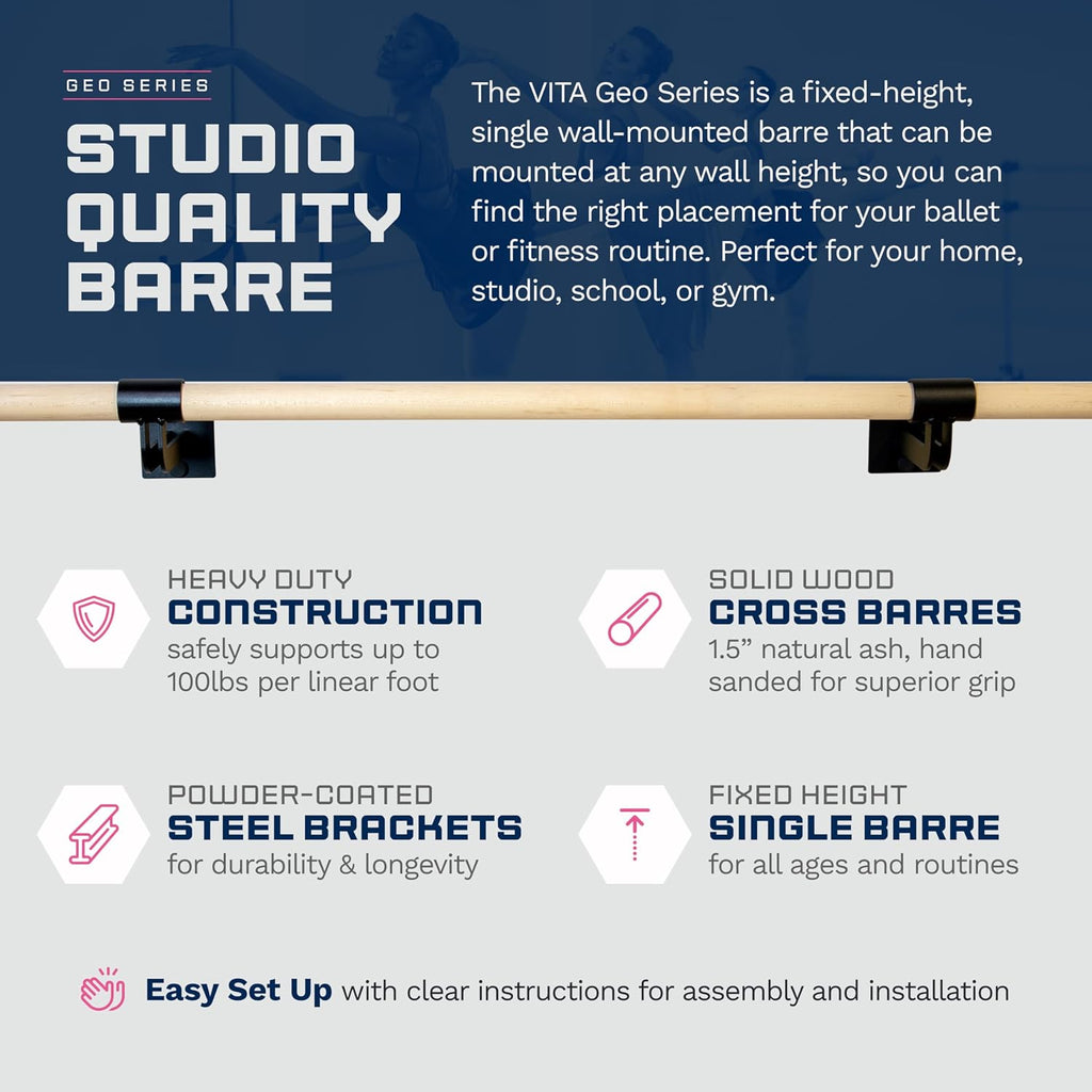VITA Barre Wall-Mounted Single Ballet Barre, Geo, Wood | Fixed Height, Made in USA, Home, Studio or Gym Exercise Equipment for Kids & Adults | Dance, Fitness, Pilates