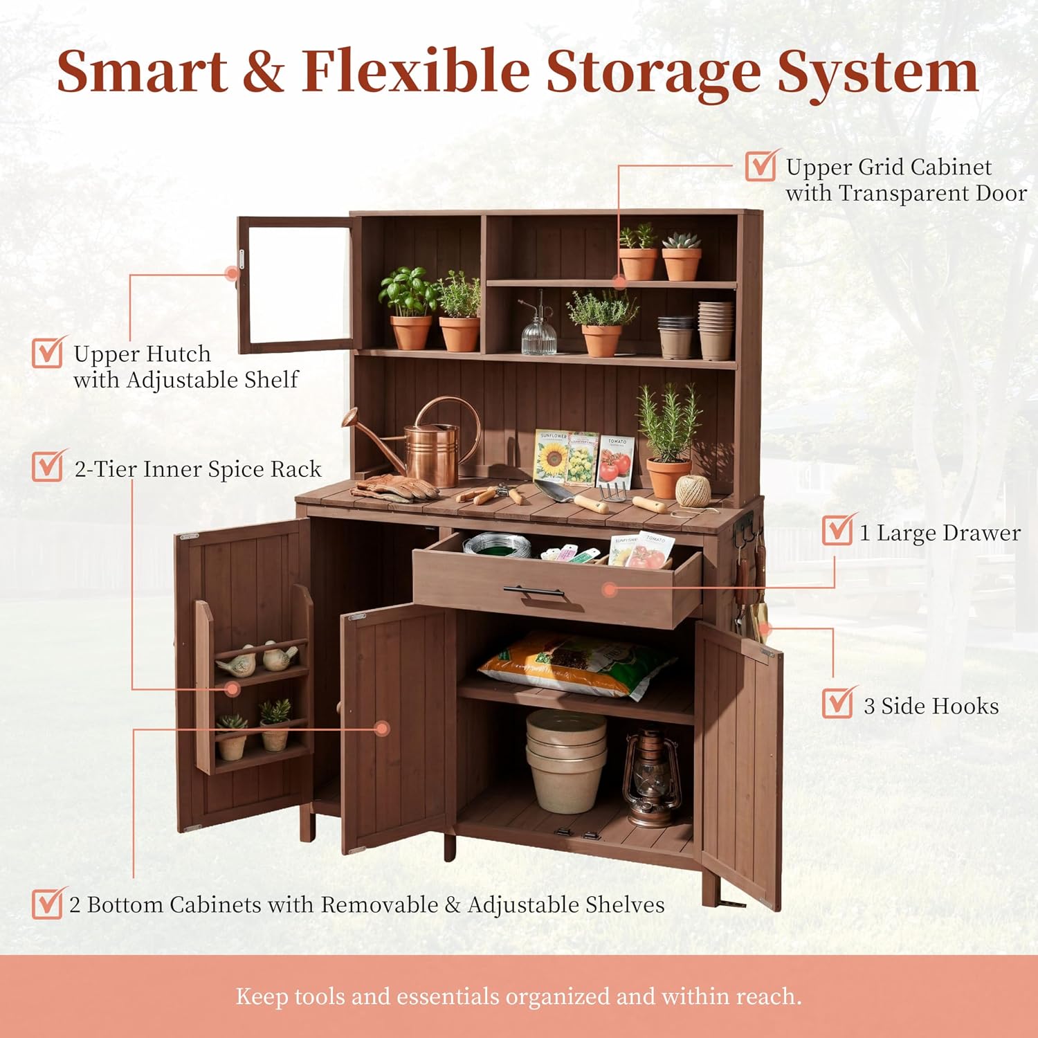 Roomfitters 65' Garden Potting Bench with Storage Hutch, Outdoor Potting Table & Prep Station, Drawer, Cabinet, Shelves, Brown