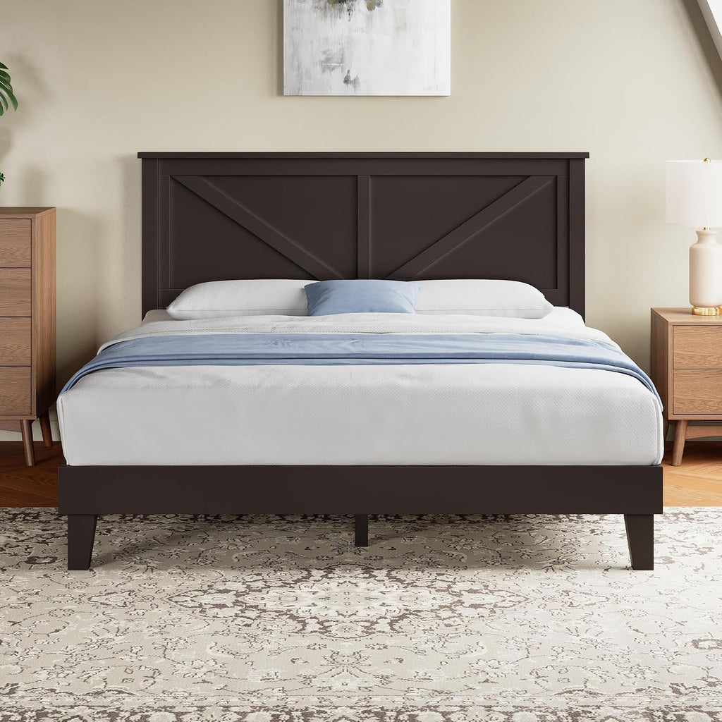 Yaheetech Wood Bed Full, Farmhouse Espresso Rubberwood Platform Bed Frame with V-Designed Headboard, Sturdy Wooden Support Slats, Holds up to 800 Pounds, Noise-Free, Easy Assembly