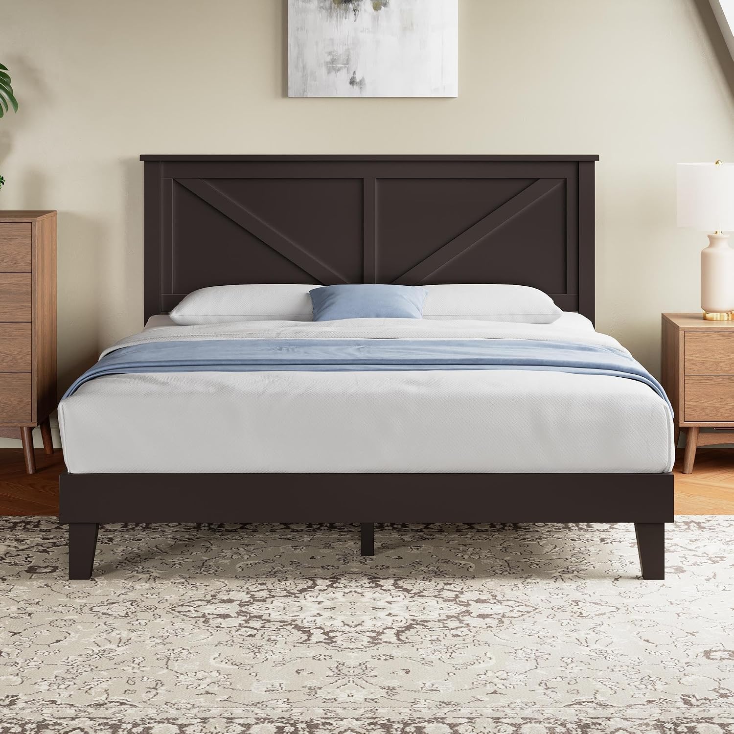 Yaheetech Wood Bed Full, Farmhouse Espresso Rubberwood Platform Bed Frame with V-Designed Headboard, Sturdy Wooden Support Slats, Holds up to 800 Pounds, Noise-Free, Easy Assembly