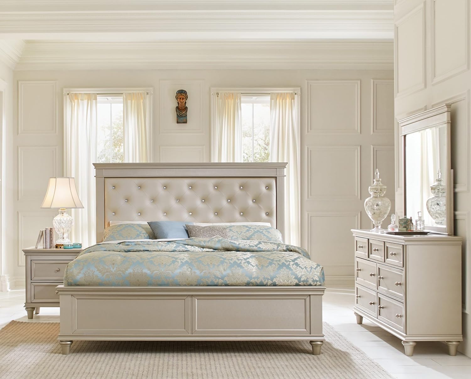 5-Piece Modern Silver Finish Full Size Bed Set Upholstered Headboard Traditional Design Wooden Bedroom Furniture