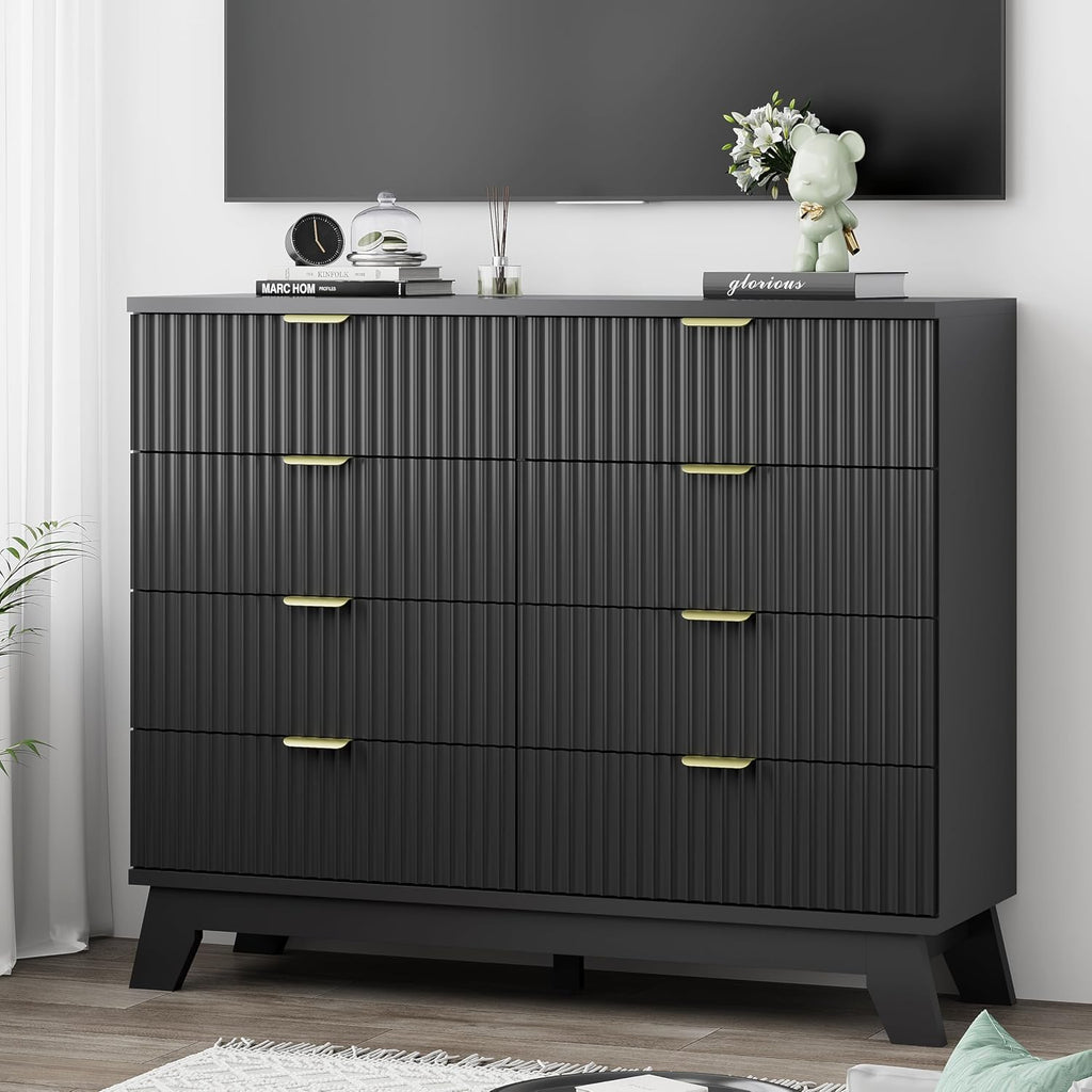 Fluted Dresser for Bedroom with 8 Drawers, 48' Wide Modern Chest of Drawers with Metal Handle, Wooden Dresser TV Stand, Wood Closet Clothes Storage Drawer Organizer for Living Room, Hallway, Black
