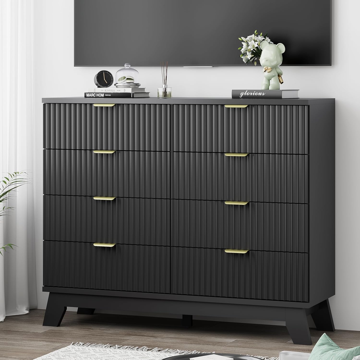 Fluted Dresser for Bedroom with 8 Drawers, 48' Wide Modern Chest of Drawers with Metal Handle, Wooden Dresser TV Stand, Wood Closet Clothes Storage Drawer Organizer for Living Room, Hallway, Black