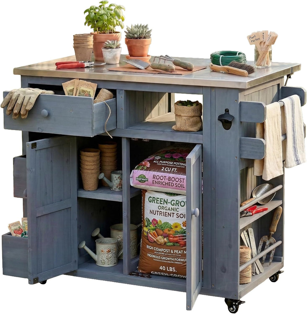 Roomfitters Outdoor Grill Cart and BBQ Prep Station, Stainless Steel Top, Rolling Kitchen Island Potting Bench, Gray