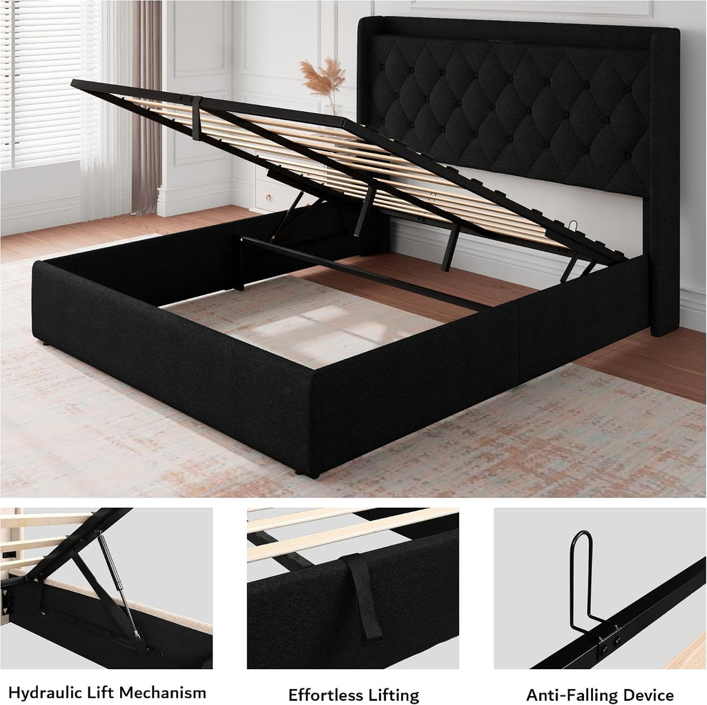 iPormis Full Size Lift Up Storage Bed Frame with Charging Station, Upholstered Platform Bed Frame with Linen Headboard, Hydraulic Storage, No Box Spring Needed, Noise-Free, Easy Assembly, Black