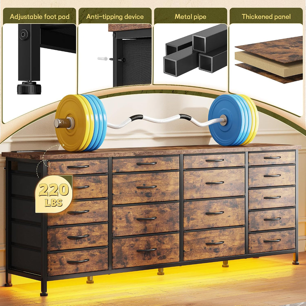 63'W TV Stand for Bedroom with LED Light & Power Outlets, Long Dresser with 18 Deep Drawers for 65 70 75 inch TV, Fabric Dresser TV Stands for Living Room Entryway Hallway Closet, Rustic Brown