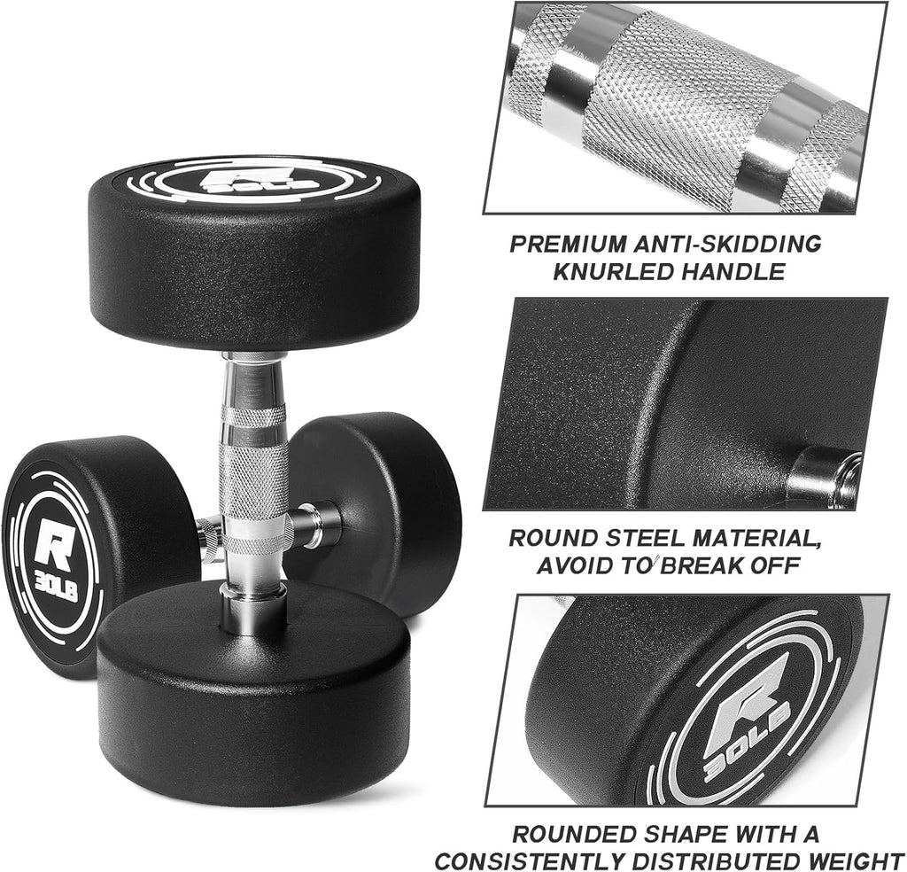 RitFit 5-250 LBS PVC Encased Round Dumbbell sets with Knurled Handle and Optional Rack, Strength Training Equipment for Home Gym