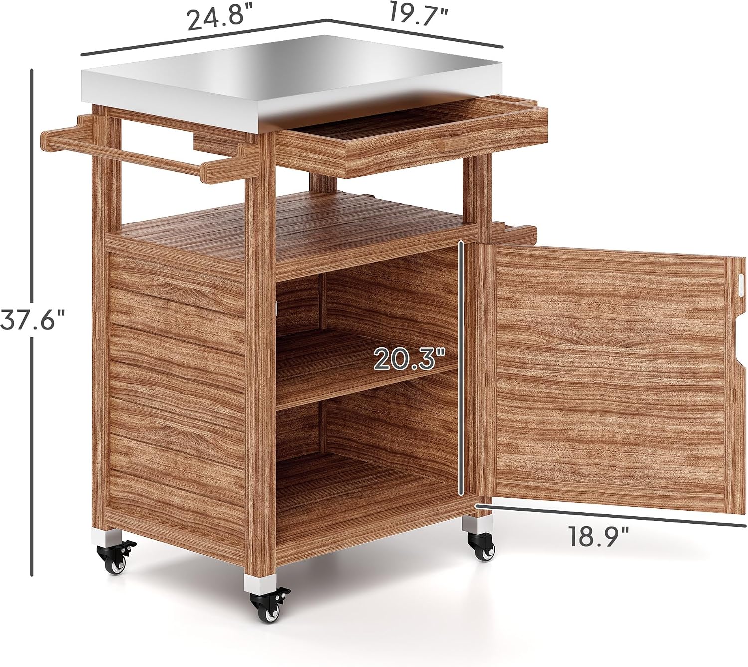 Outdoor Kitchen Island with Wheels, Solid Wood Outdoor Grill Table Cart with Stainless Steel Top, Storage Cabinet and Drawer, Food Prep Table with Side Handle for BBQ, Patio, Kitchen, Brown