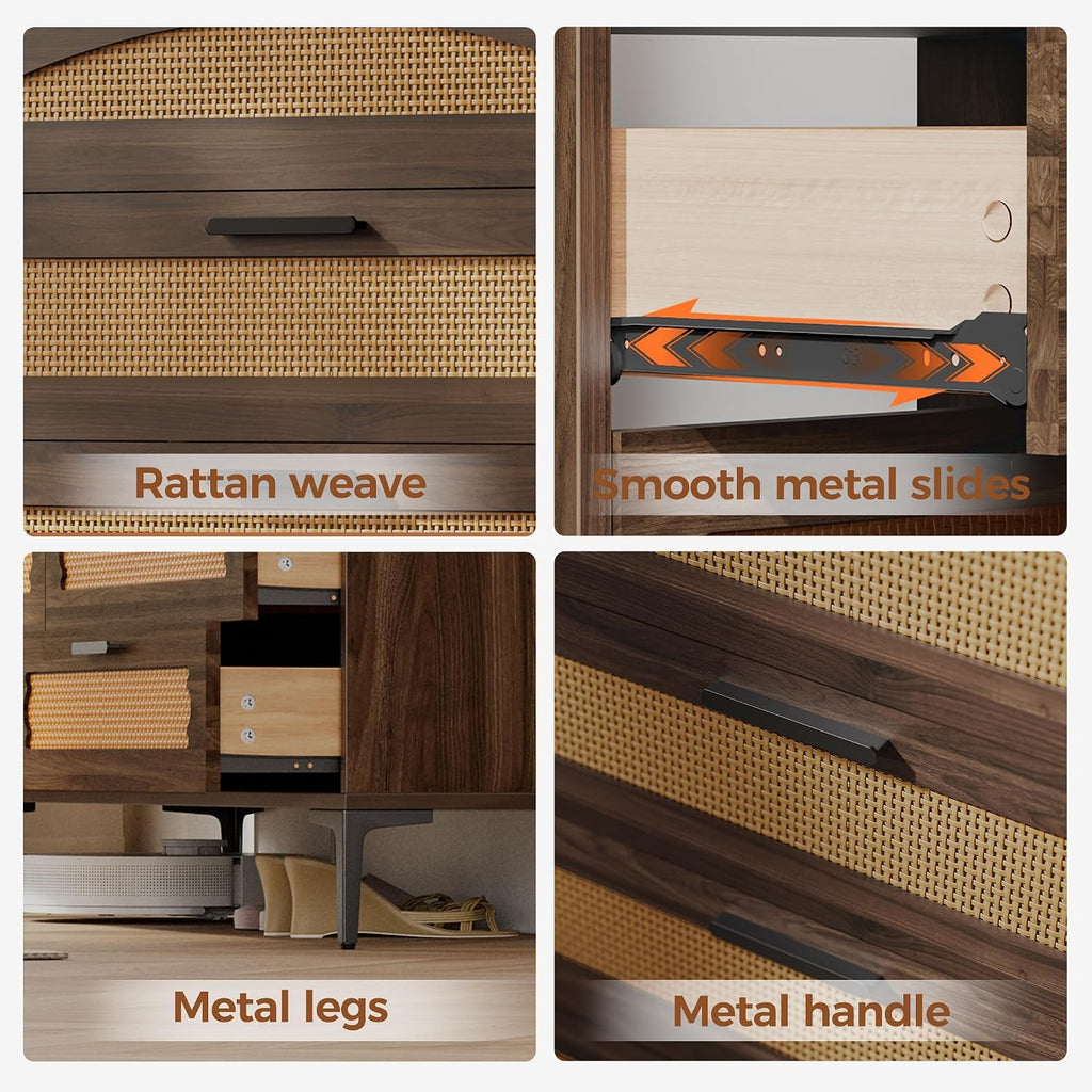 Mericonia 6 Drawer Double Dresser for Bedroom, Wood Rattan Dresser for Closet with Metal Legs, Boho TV Stand with Drawers, Dressers & Chests of Drawers for Bedroom, Hallway and Entryway, Walnut