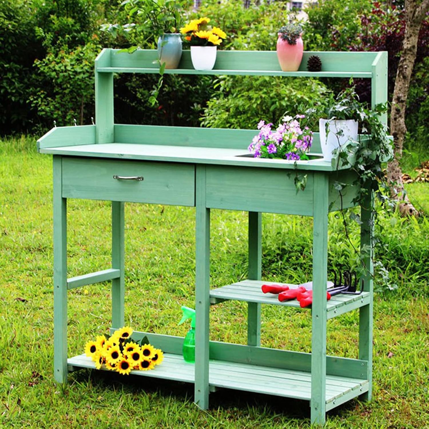 Garden Potting Bench, Fir Wood Outdoor Prep Station with Removable Sink, Drawer, and Hooks,Natural Wooden Work Station for Patio, Backyard and Porch