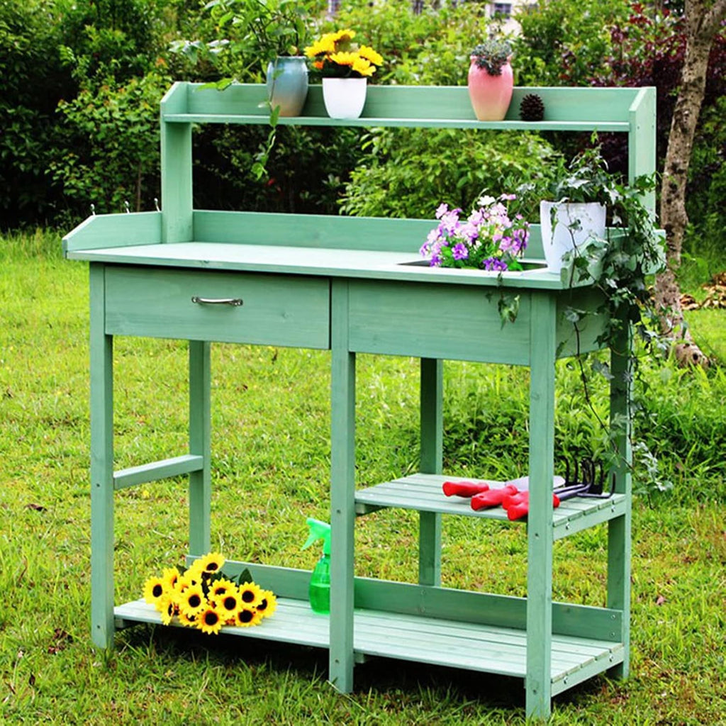 Garden Potting Bench, Fir Wood Outdoor Prep Station with Removable Sink, Drawer, and Hooks,Natural Wooden Work Station for Patio, Backyard and Porch (Green)