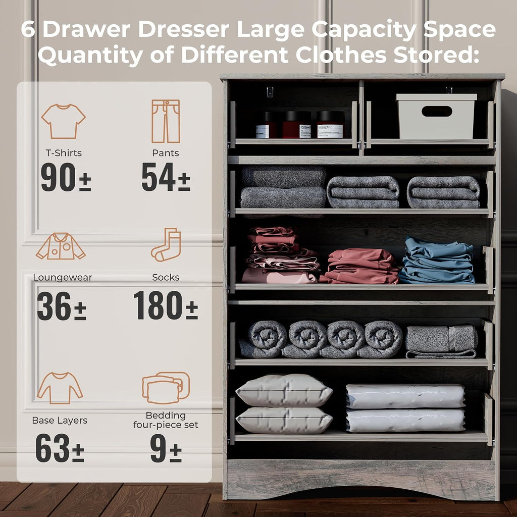 VVFLU 48'' Tall Grey Dresser with 6 Drawers Chest of Drawers for Bedroom, Large Storage Organizer for Clothes, for Living Room, Bedroom, Hallway, Taupe Grey