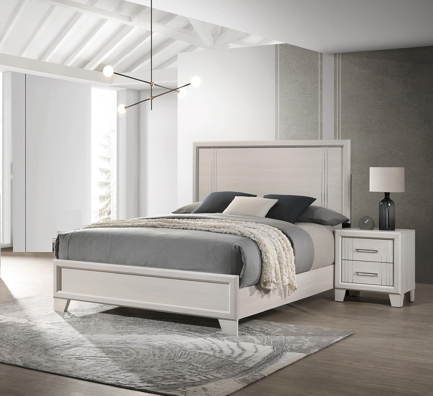 Beautiful Lustrous White Cream Finish Full Size Panel Bed Wooden 3pc Bedroom Furniture Set