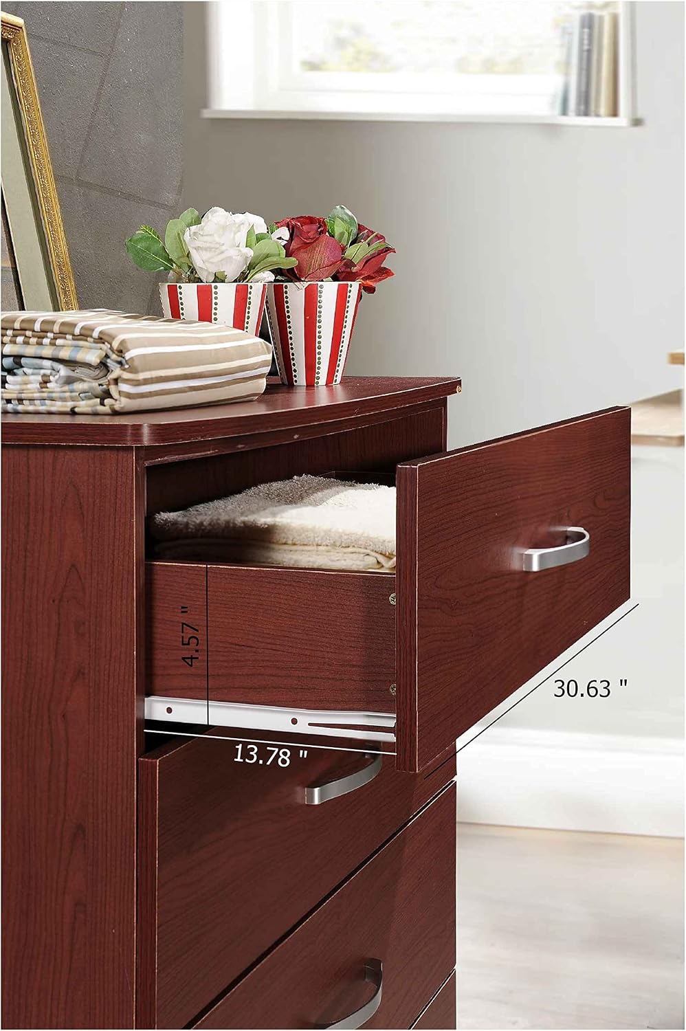 HODEDAH 5 Drawer Wood Dresser for Bedroom, Chest of Drawers with Metal Rails for Support when Storing Clothing, Mahogany, 47.8x31.5 inches