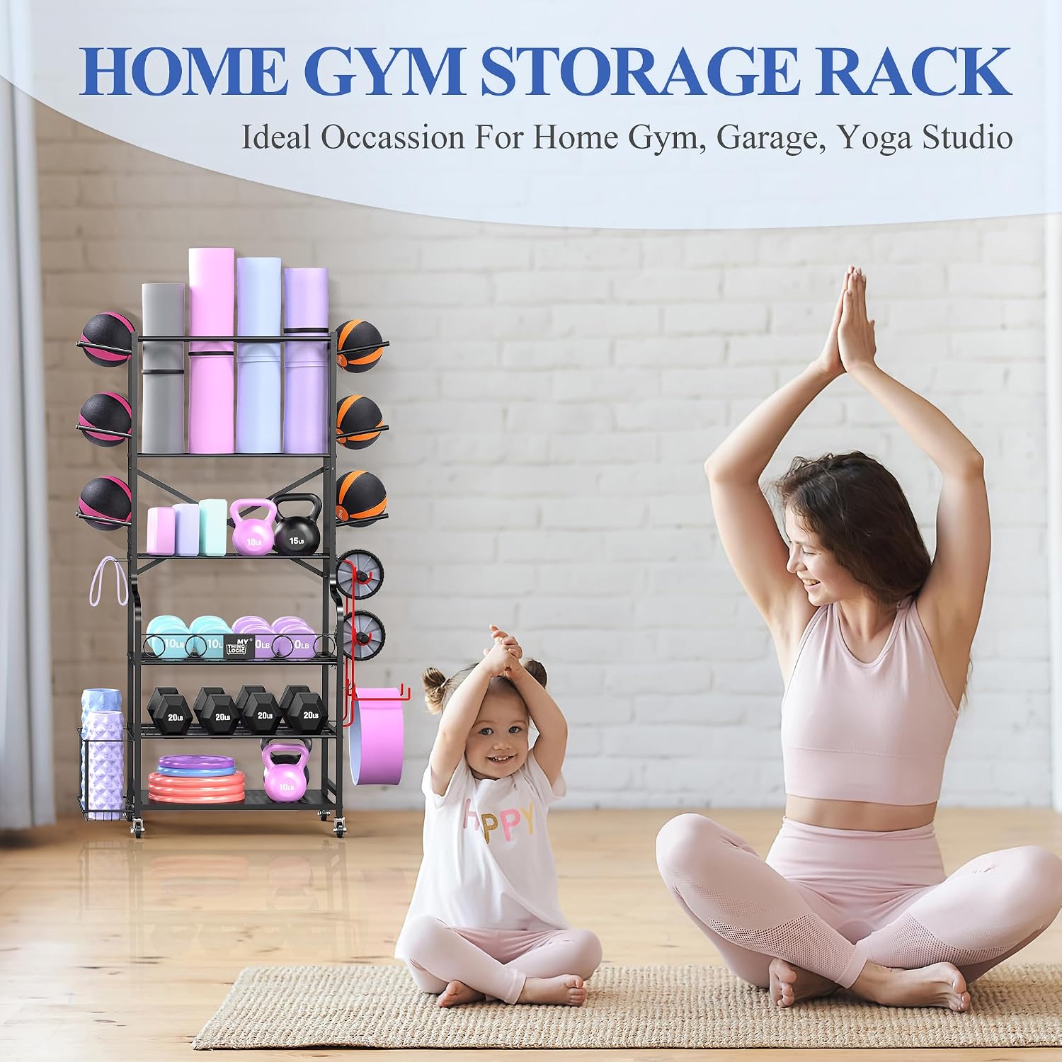 Mythinglogic Yoga Mat Storage Racks,Home Gym Storage Rack for Dumbbells Kettlebells Foam Roller, Yoga Strap and Resistance Bands, Workout Equipment Storage Organizer With Hooks and Wheels