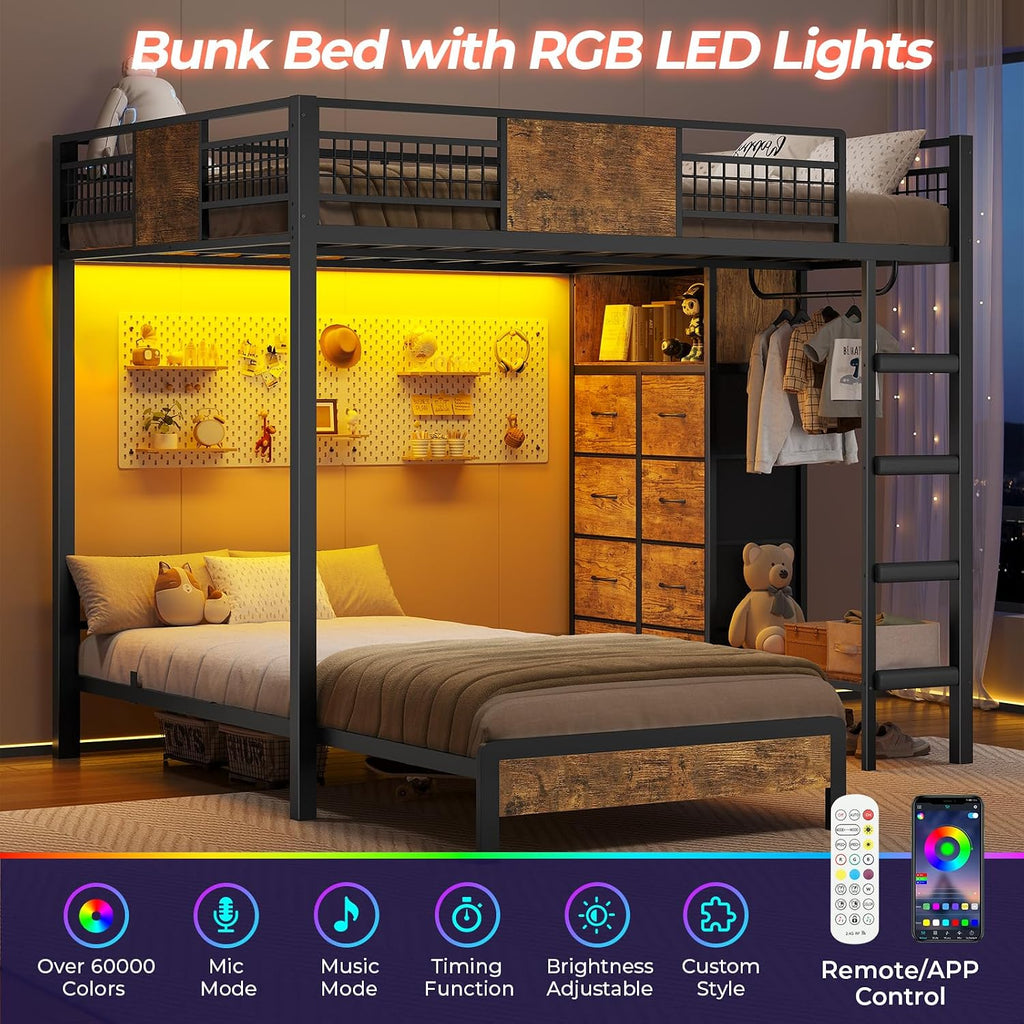 ADORNEVE Full Over Twin Bunk Bed with 8 Storage Drawers, Metal Loft Bed with Led Lights & Storage Shelves, Bunk Beds Twin over Full Size with 13.4' H Safety Guardrail & Ladder, for Kids & Teens, Black