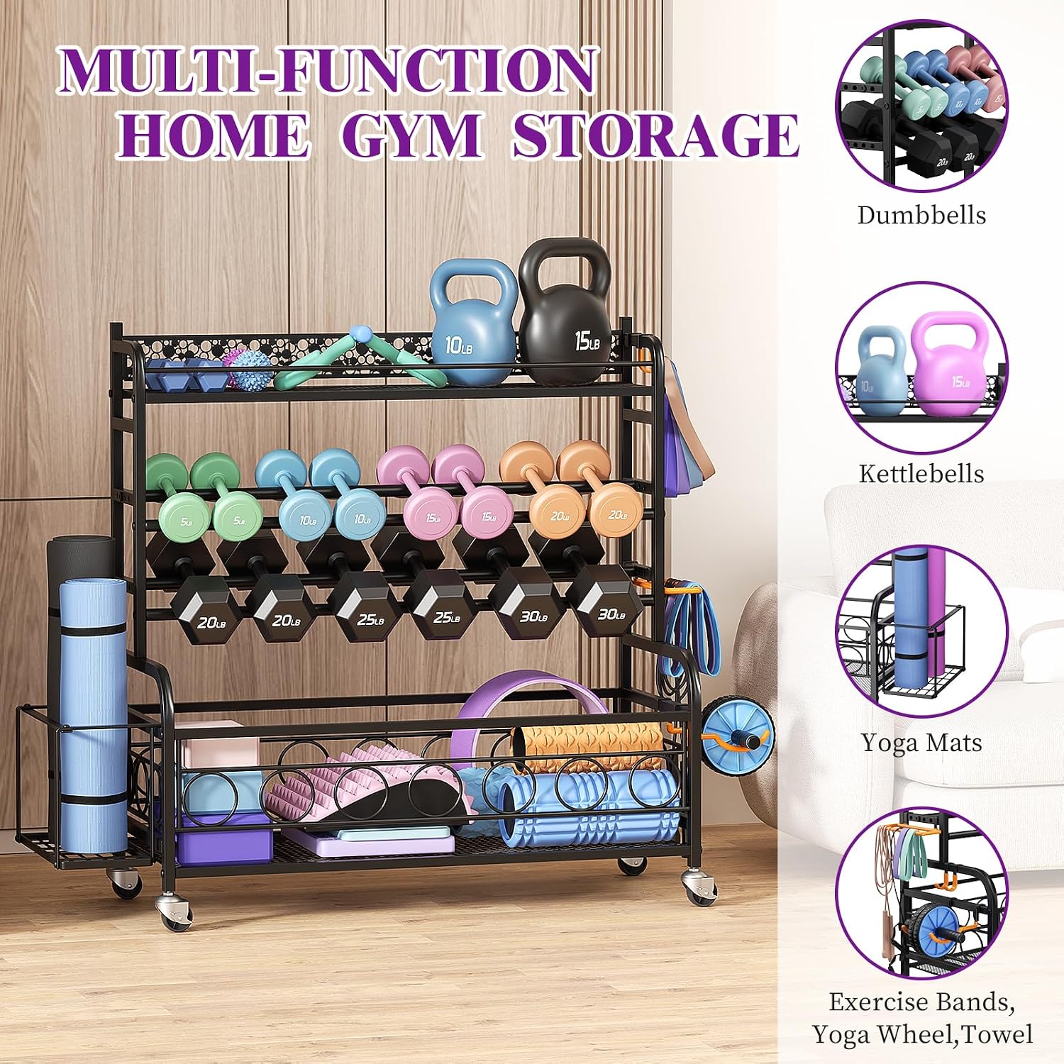Dumbbell Rack, VOPEAK Adjustable Weight Rack for Home Gym, Home Gym Storage Rack for Yoga Mat Kettlebells and Strength Training Equipment, Weight Storage Rack for Dumbbells with Wheels