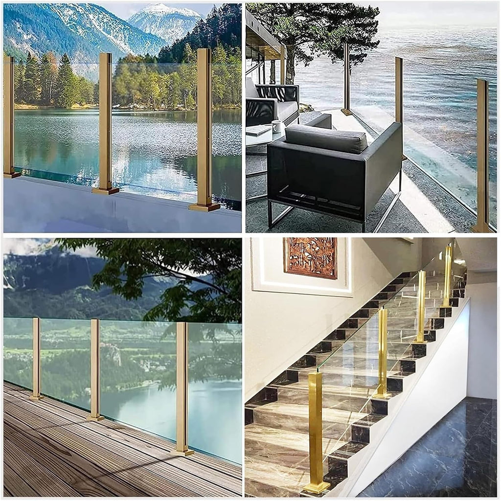 Hallway Stairs Glass Railing Post Stainless Steel Gold, Fence Balcony Glass Floor Clamp for Glass, Wood Board, PVC Acrylic Board, Fence Balustrade Clear View Panels Post(Gold-Mid Post,70cm/27.5in)