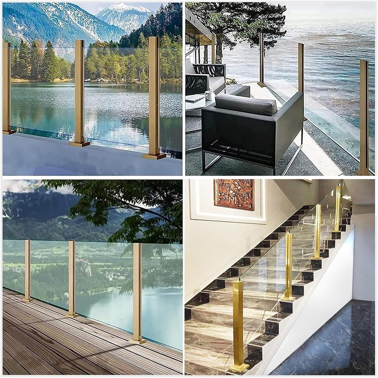 Hallway Stairs Glass Railing Post Stainless Steel Gold, Fence Balcony Glass Floor Clamp for Glass, Wood Board, PVC Acrylic Board, Fence Balustrade Clear View Panels Post(Gold-Mid Post,70cm/27.5in)