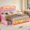 HAUOMS Full Size Bed Frame with LED Lights & 4 Drawers, Princess Velvet Upholstered Platform Bed for Girls, Headboard with Charging Station & Guardrail & Crystal Button, No Box Spring Needed, Pink