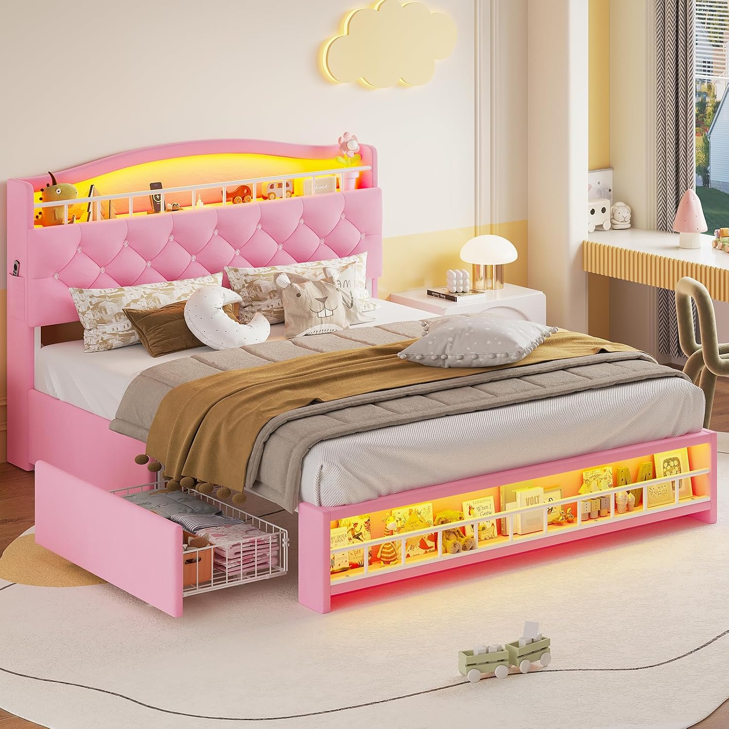 HAUOMS Full Size Bed Frame with LED Lights & 4 Drawers, Princess Velvet Upholstered Platform Bed for Girls, Headboard with Charging Station & Guardrail & Crystal Button, No Box Spring Needed, Pink