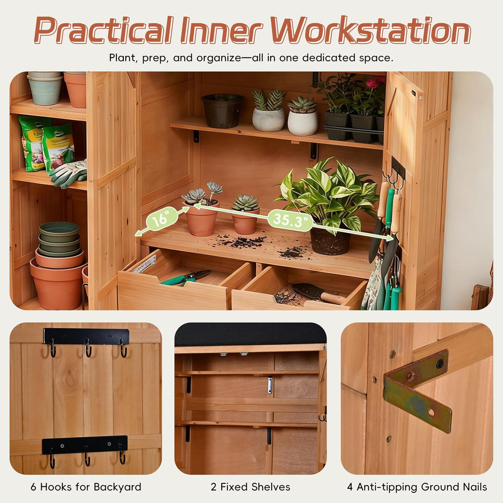 Merax Potting Bench with Waterproof Roof, Patio Garden Shed with 3 Doors Storage Cabinet with Workstation, 7 Storage Shelves, 2 Drawers and 6 Hooks for Backyard, Natural