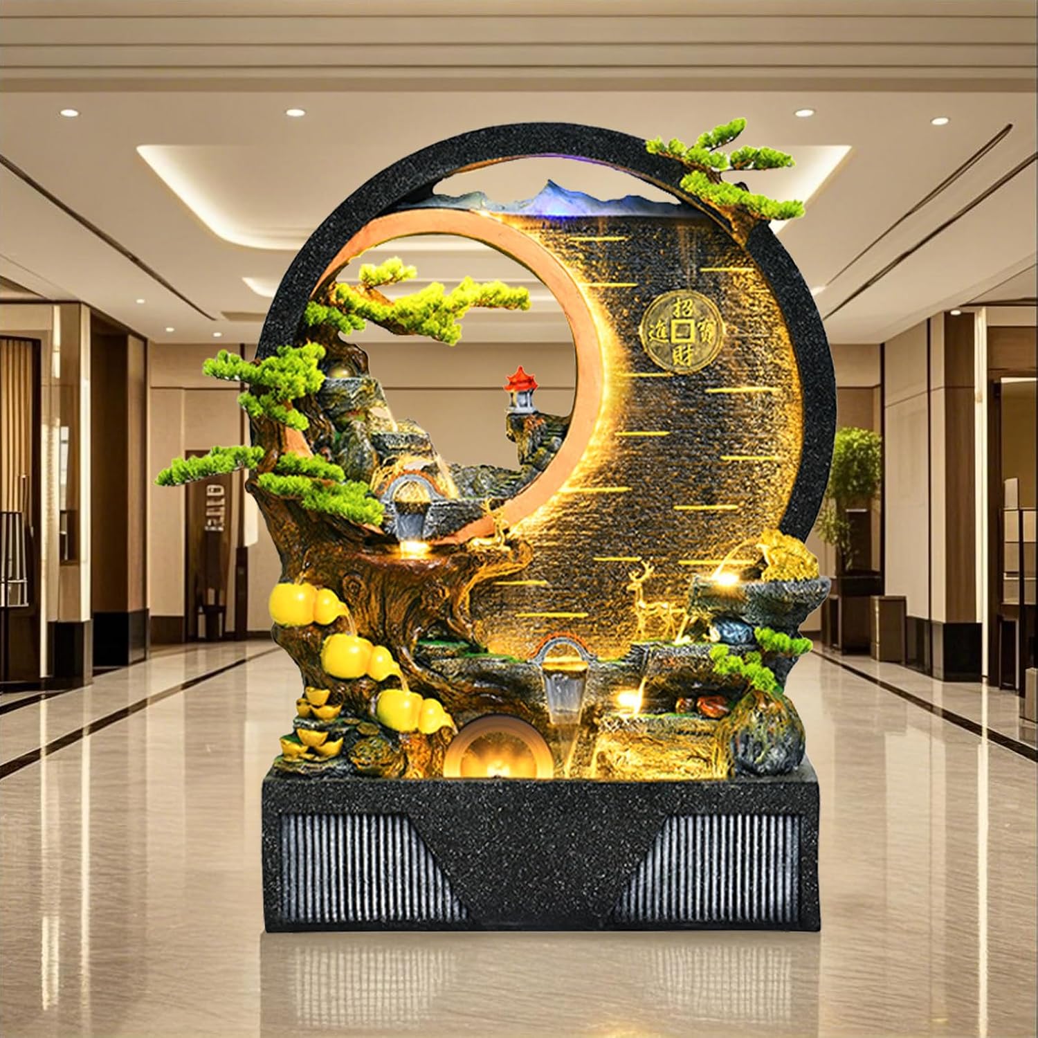 Indoor Outdoor Resin Fountain with LED Light Ring – Round Landscape Waterfall Feature with Pump, Bonsai & Gourd Decor – 6.07ft Tall Large Decorative Water Sculpture(A Small)