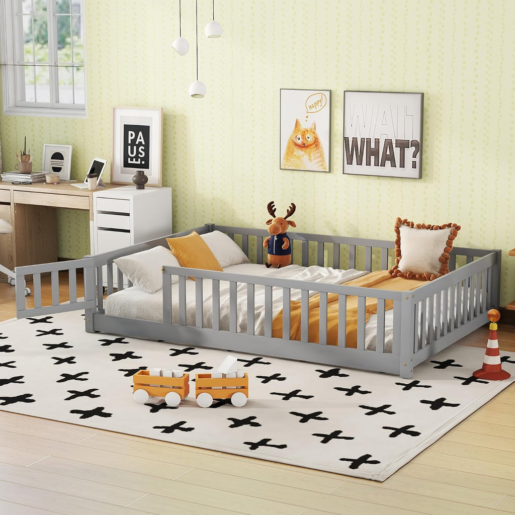 Full Size Floor Bed with Door and Fence for Kids, Montessori Floor Bed with Slats and Safety Guardrails,Solid Wood Floor Bed Frame Full Size for Girls Boys(Full,Gray)